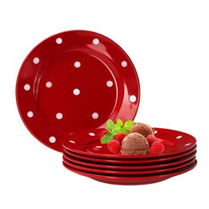Emily 6er Set Kuchenteller rot-weiß gepunktet rund  Ø200mm Steingut Teller rund Dessertteller