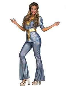 70er Jahre Disco-Kostüm für Damen Faschingskostüm glänzend blau-gold