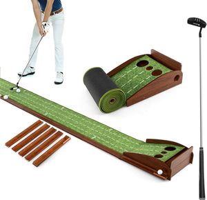 COSTWAY Golf Puttingmatte, Golfmatte mit 3 Löchern, Auto Rückkehr Übungsmatte mit 3 Golfbällen & Kunstrasen Mit Putter
