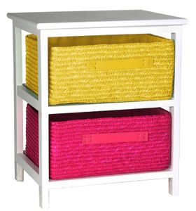 Kommode Beistelltisch Nachttisch Holz weiß lackiert 2S mit zwei Rattan Körben für Kinderzimmer Bad Flur Büro und Babyzimmer pink gelb, 40x30x48h