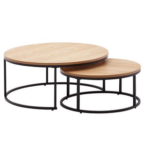 WOHNLING konferenční stolek set 2 dřevo / kov rozkládací stůl kulatý dub moderní, designový odkládací stolek 2-dílný, kulaté stoly do obývacího pokoje, dřevěné odkládací stolky