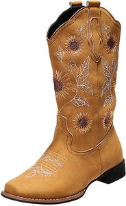 ASKSA Damen Cowboy Stiefel Sonnenblume Bestickt Westernstiefel, Gelb, Größe: 42