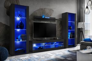 Komodee | Wohnwand Wohnzimmerset Tivoli Grande, Korpus Schwarz Matt Frontfarbe Schwarz Matt, LED Blau