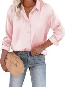 Damen Blusen Satin Tshirts Reverskragen Sommer Shirts Lässige Bluse Button Down Hemden Rosa,Größe M