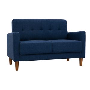Miliboo - Skandinavisches 2-Sitzer-Sofa aus dunkelblauem Stoff und dunklem Holz MOON