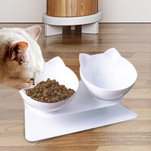 15° Fressnäpfe   Katzennapf Hundenapf    Futternapf  Doppelschüssel für Katzen und kleine Hunde Nacken Belastung Reduzieren (Weiß)