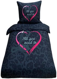 Bettwäsche 135x200 + 80x80 cm schwarz pink Herz Love mit Reißverschluss, 2-tlg