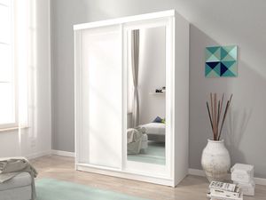 Moderner Kleiderschrank Weiss mit Spiegel 100 150 200 cm - Doppelkleiderschrank für Schlafzimmer mit Schiebetüren - Kleiderstange , Farbe:Weiß, Große:150 CM
