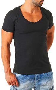 Young & Rich Herren Uni T-Shirt mit extra tiefem V-Ausschnitt slimfit deep V-Neck stretch dehnbar Basic Shirt 1315, Grösse:M, Farbe:Schwarz