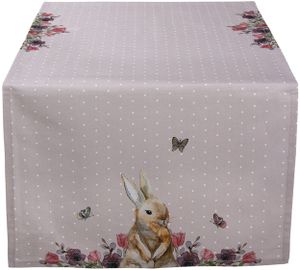 Clayre & Eef Tischläufer 50x140 cm Beige Rosa Baumwolle Rechteck Kaninchen Blumen