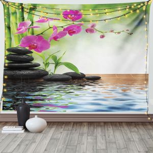 ABAKUHAUS Spa Wandteppich, Bambus-Baum-Orchideen-Steine, Wohnzimmer Schlafzimmer Heim Seidiges Satin Wandteppich, 200 x 150 cm, Anthrazit grau Lindgrün Fuchsienfarben