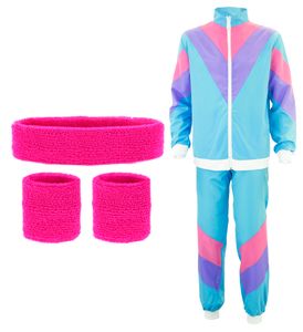 XL SET 80er Trainingsanzug + Bänder | Blau Violett Pink | Jacke, Hose, Stirnband + 2x Schweißbänder | Jogginganzug, 80er Retro, Achtziger 80s, Trainingsjacke, Trainingshose - Größe: L