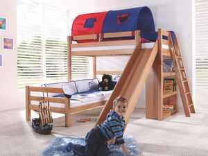 Etagenbett SKY Kinderbett mit Rutsche Spielbett Bett Natur Stoffset Blau/Rot