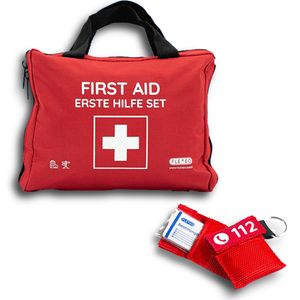 FLEXEO Erste-Hilfe-Tasche Discovery & 2 Beatmungstücher, Notfallset, rot, 1 Set