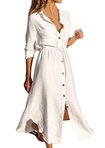 ASKSA Dámské ležérní šaty Letní košilové šaty s dlouhým rukávem Volné pevné midi šaty se šňůrkou, bílé, S