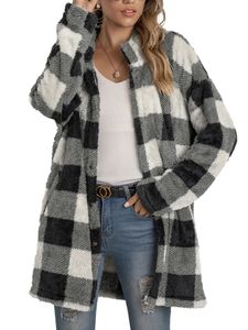 Damen Winter Warm Plaid Jacke Cardigan Plüsch Casual Top,Farbe: Nicht-gerade weiss,Größe:S