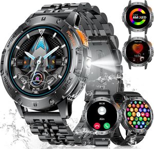 mit 530mAh Akku, 1.43'' Militär Smartwatch mit LED Taschenlampe, Telefonfunktion, 3ATM Wasserdicht Robuste Outdoor Uhren mit 24H Gesundheits-Screening