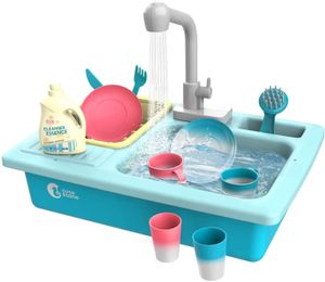 CUTE STONE Küchenspüle Spielzeug Set mit Warmwasserhahn Farbwechsel Geschirr, Wasser-Recycling Spielküche Waschbecken für Kinder ab 3 Jahre Blau