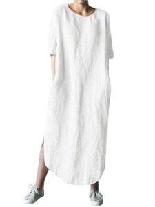Damen halbe Ärmel langer Kleid Urlaub Feste Farbe Maxi Kleider Casual Crew Hals Summer Beach Sunddress,Farbe:Weiß,Größe:2xl