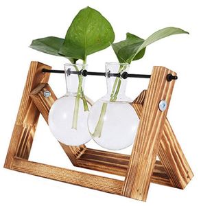 Hydroponik Vase Hängevase - Deko Holz Halter mit Hydroponik Glasvase Desktop Plant Terrarium Kreative Glas Transparente Vase für Hydrokultur Pflanzen, Zuhause oder Büro Dekoration