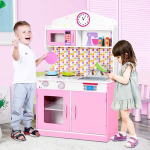 Kinderküche Spielküche küchenset Zubehör Kochgeschirr Wasserhahn Holzküche Pink 