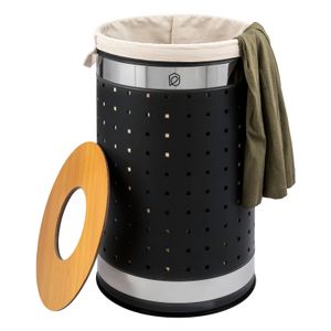 eluno runde Wäschetonne, Wäschekorb, Wäschesammler mit waschbarem Wäschesack und abnehmbaren Deckel, 50 Liter Fassungsvermögen für Schlafzimmer, Badezimmer, Wäscheaufbewahrung aus Metall, schwarz