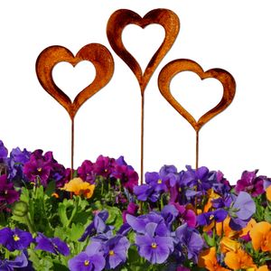 BigDean Gartenstecker Deko Figur für Außen Edelrost Blumenstecker - verschiedene Motive : Herzen (3x)