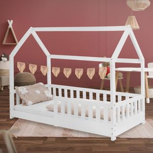 Dětská postel ML-Design, 80x160 cm, bílá, s ochranou proti pádu, střechou a roštovým rámem