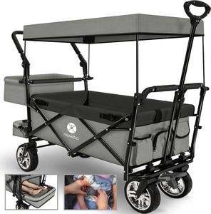 Miweba Faltbarer Bollerwagen MB-20 | Sonnendach - Schiebe- & Zugstange - Stauraumverlängerung - 360° Räder - Bis 100 Kg (Hellgrau/Dunkelgrau V2)