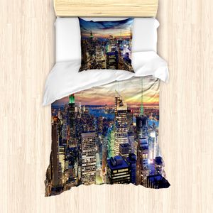 ABAKUHAUS New York Mantele, Städtische Skyline von New York City, Milbensicher Allergiker geeignet mit Kissenbezügen, 135 cm x 200 cm - 80 x 80 cm, Orange Blue