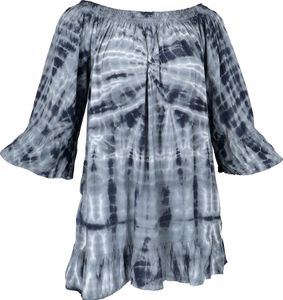 3/4 Arm Batik Tunika, Minikleid, Schulterfreie tie dye Strandbluse - Blaugrau, Damen, Viskose, Blusen & Tunikas