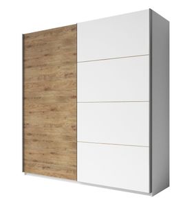 Furniture24 Schwebetürenschrank Galaxy Kleiderschrank Schiebetürenschrank Schlafzimmer Kleidestange Einelgeboden Schiebetür Spiegel, Weiß/Beaufort Eiche, 200 cm breit