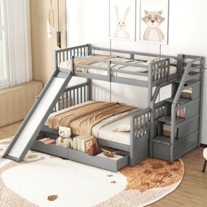 Flieks podkrovní postel 90x200cm/140x200cm, patrová postel s ochranou proti vypadnutí, dětská postel se skluzavkou a roštovým rámem, patrová postel z masivu se 2 zásuvkami