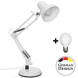 Retro Tischlampe Arbeitsplatzlampe Leselampe Schreibtischlampe Tischlampe Nachttischleuchte mit Gelenk-Arm aus Metall inkl. LED Glühbirne - weiß