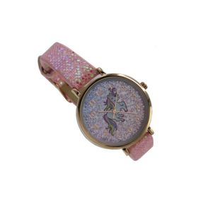 Kinderuhr Unicorn Einhorn Pink Lederarmband Glitzer Strass Rosegold Marke: LIMDIX