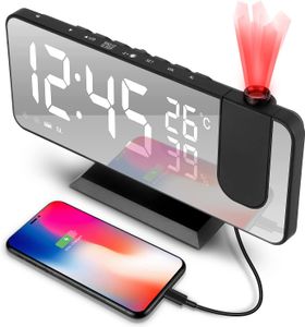Projektionswecker, wecker mit projektion 180 °, Radiowecker mit USB-Anschluss großem LED-Anzeige Snooze Dual-Alarm,4 Projektionshelligkeit mit Automatischem Dimmer, 32FM Radio