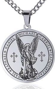 Schutzengel mit Kreuz Halskette Silberfarben - Engel Talisman / Medaillon - Erzengel - Engel Anhänger - 60cm