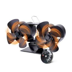 Vulpes Goods Kaminventilator, Für den Holzofen, Doppelter Wärmeventilator, Stromunabhängig, 8 Blätter, 2 Ventilatoren, Mit Thermometer