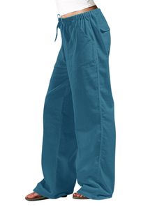 Damen Freizeithose Aus Baumwolle Leinen Elastische Taillen Gummibändern Hose Geradem Bein Blau,Größe S