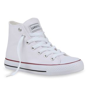 Mytrendshoe Damen High Top Sneakers Sportschuhe Kult Schnürer 94589, Farbe: Weiß Rotstreifen Lucky, Größe: 41
