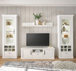 Wohnwand in Pinie weiß mit LED-Beleuchtung, 4-teilig, Landhaus-Stil - RAPLA-61