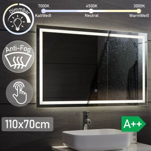 Aquamarin® LED Badspiegel - 110 x 70 cm, Beschlagfrei, Dimmbar, EEK A++, Energiesparend, mit Speicherfunktion - Badezimmerspiegel, LED Spiegel, Lichts
