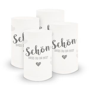 itenga 6x Windlicht klein Schön dass du da bist, taubengrau / weiß, 10,0 cm