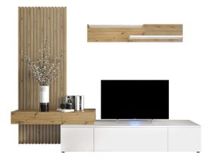 MIRJAN24 Wohnwand Rebeka Plus, Wohnzimmer-Set mit TV-Lowboard, Wandboard, Wandpaneel, Griffloses Öffnungssystem (Farbe: Weiß / Artisan Eiche)