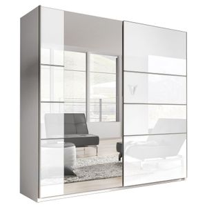 Furniture24 Schwebetürenschrank Berta 56, Schrank, Kleiderschrank, 2 Türiger Schlafzimmerschrank mit Spiegel, Kleiderstange und 6 Einlegeboden Weiß/Weiß Hochglanz, , 180 cm breit