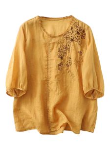 Damen Blusen Baumwolle Tshirts Lässig Losen T-Shirt Elegant Rundhals Sommer Shirts Gelb,Größe 2xl