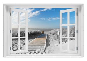 Wallario Wandbild mit Fenster-Illusion: Auf dem Holzweg zum Strand in schwarz-weiß Optik, Größe: 61 x 91,5 cm, Poster mit rahmenlosen Bildhalter