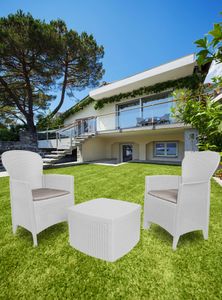 Outdoor-Lounge-Set Napoli, Gartengarnitur mit 2 Sesseln und 1 Containertisch, Sitzecke in Rattan-Optik, 100 % Made in Italy, Weiß