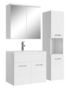 Badezimmer Badmöbel Set Montreal mit Spiegelschrank 60cm Waschbecken Hochglanz Weiß - Unterschrank Hochschrank Waschtisch Möbel