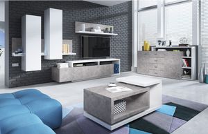 Wohnwand inkl. Sideboard Couchtisch und LED Beleuchtung BEXLEY-83 in Beton Optik mit Absetzungen in weiß, B/H/T: ca. 300/200/45 cm